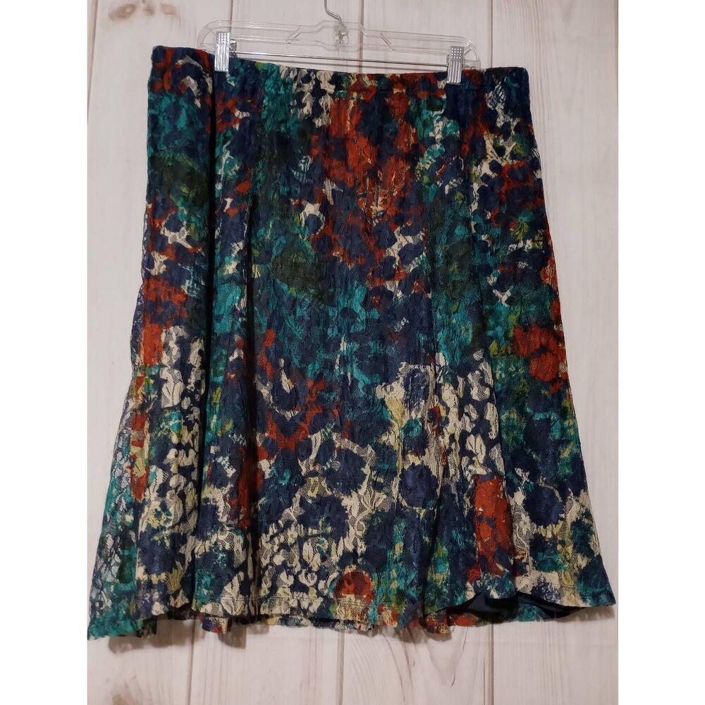 CJ Banks Womens 1X Floral Lace Skirt Multi Color Elastic Waist Lined Knee Length